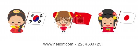 可爱的日本和中国,韩国女孩摇国旗.卡通画套餐 - 人物