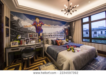 室内 装修 别墅 小孩房 运动主题 梅西 主题 金黄色 灯光 格子 温馨 创意-室内-海洛创意(HelloRF)-Shutterstock中国独家合作伙伴-正版图片在线交易平台-站酷旗下品牌