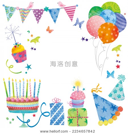 水彩画生日气球,彩带,蛋糕,礼物,生日帽 - 背景\/