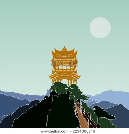 南岭小黄山 塔阁楼 风景 矢量剪影